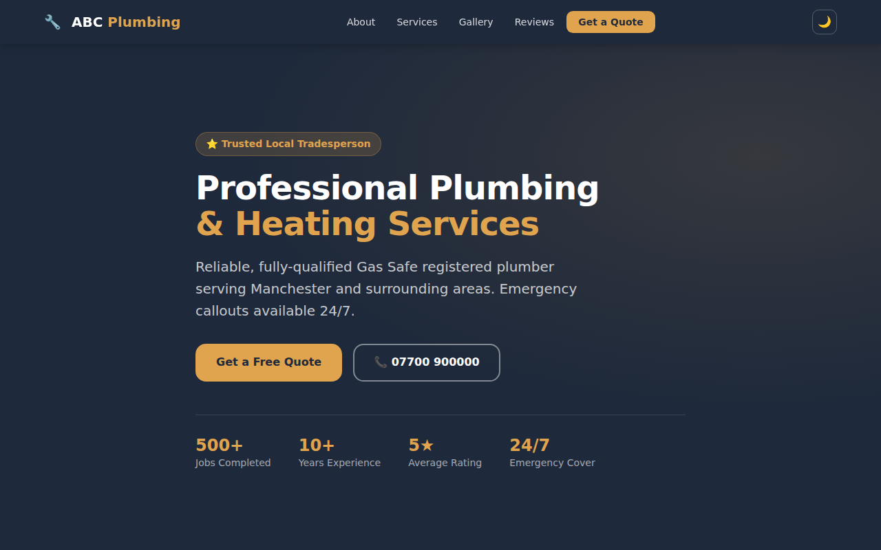 Plumbing and heating website homepage in navy and amber branding on desktop