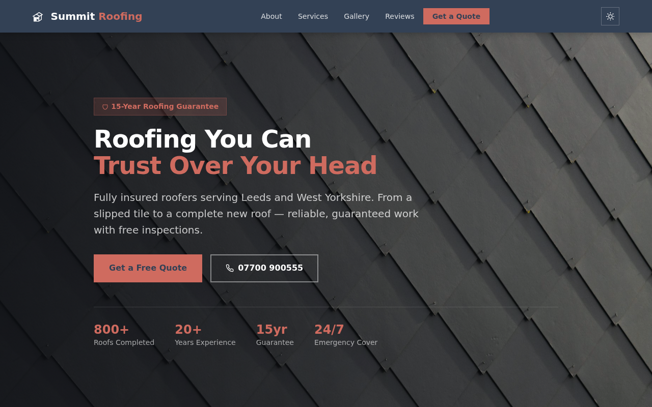 Roofing company website in dark mode with a full-photo slate roof hero