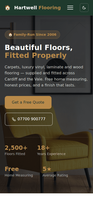 Carpets and flooring example site with photo hero, shown on a mobile phone screen